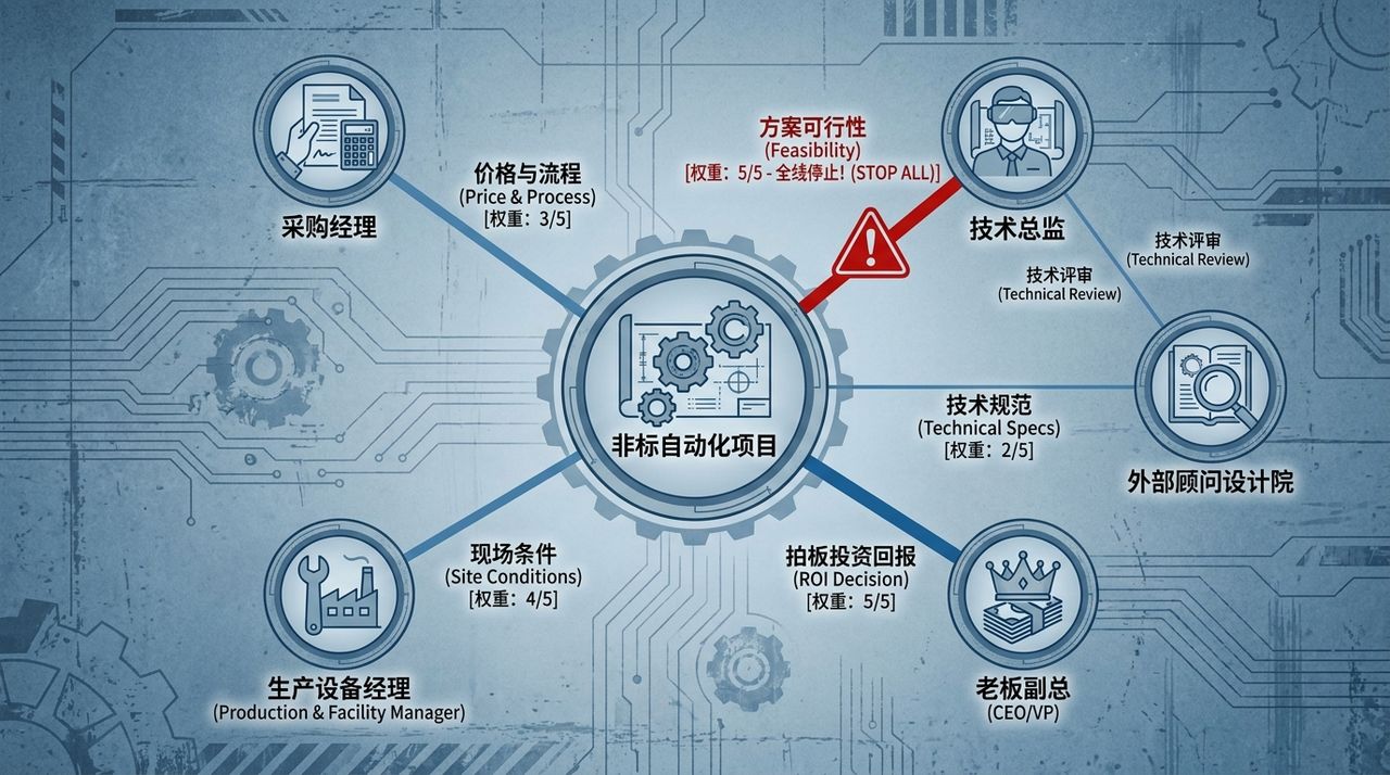 非标自动化项目决策链:采购、技术、生产、老板、外部顾问的层级关系