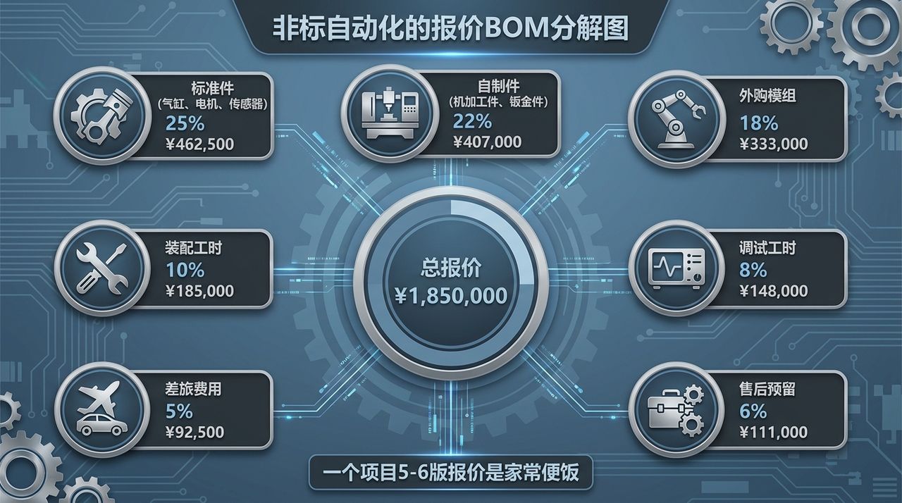 非标自动化报价BOM分解:标准件、自制件、外购模组、装配工时、调试工时、差旅、售后预留